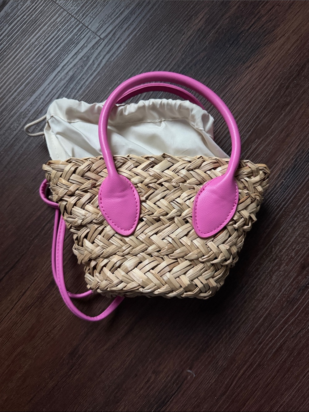 H&M Straw Tote with Pink Handles and Trim